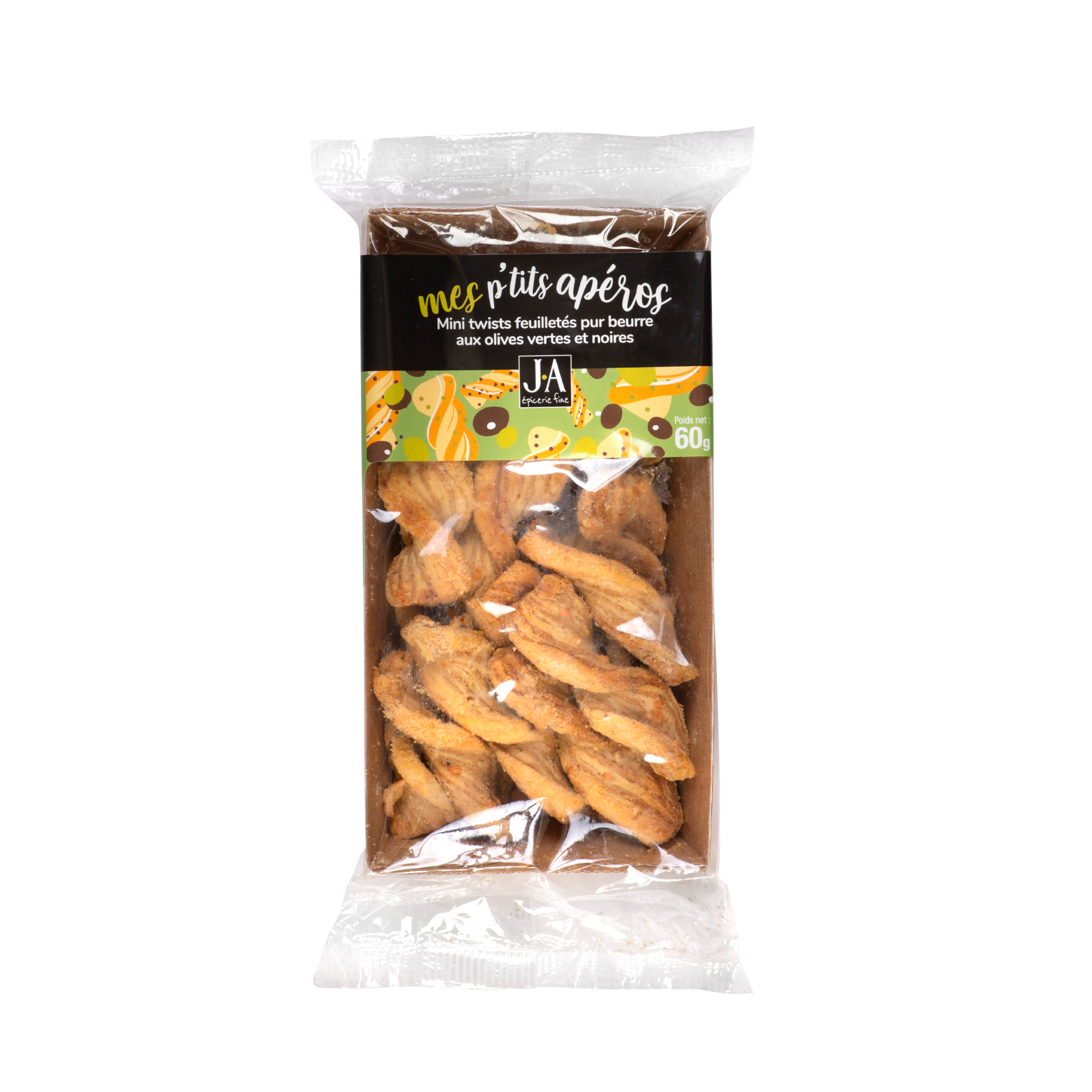 Mini Twist Olives Vertes & Noires, Feuilletés Apéritifs Pur Beurre – Jean d’Audignac (60g)