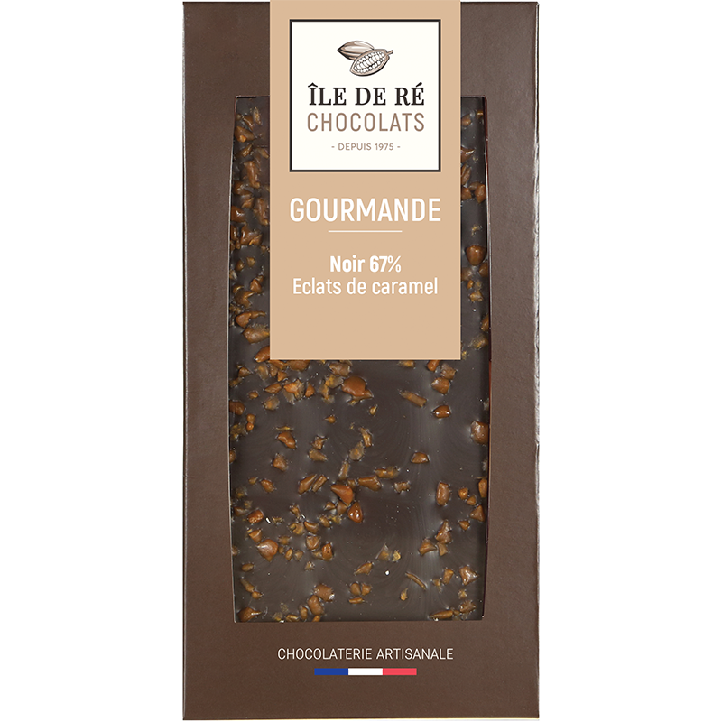 Tablette de chocolat noir 67% aux éclats de caramel – Île de Ré Chocolats